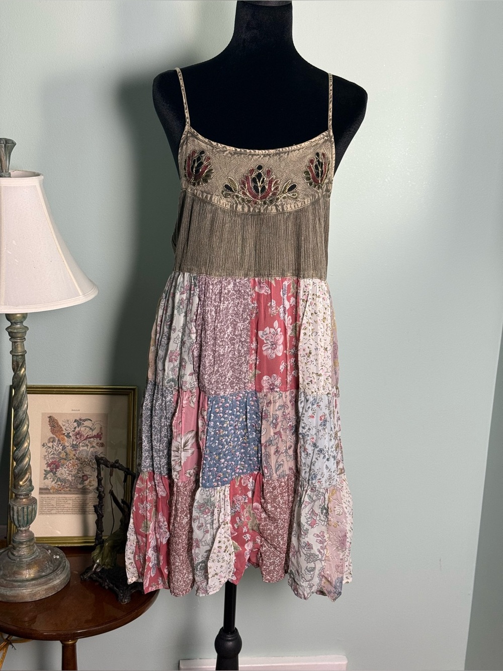 Young Threads Boho Patchwork Spaghetti-Strap Dress in Gravel, Pink and Cream NWT